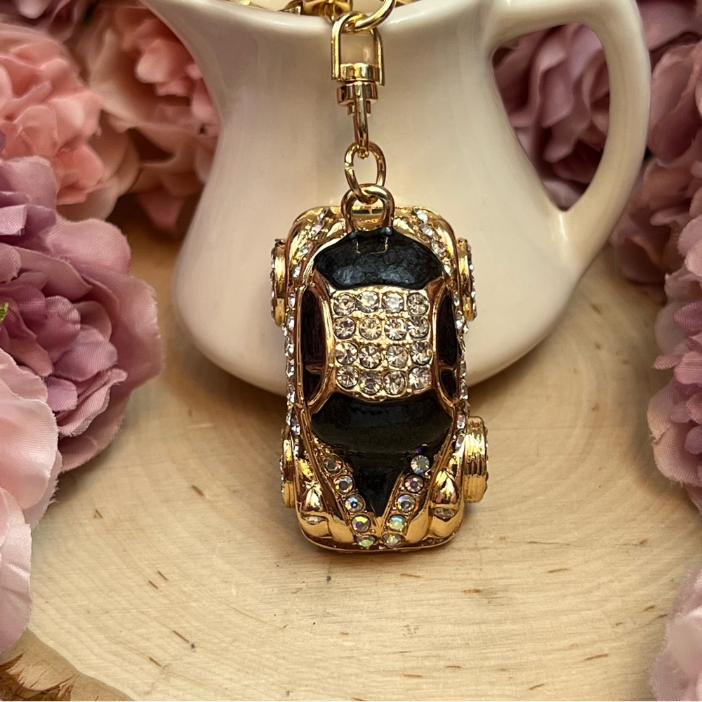 Retro Black and Gold Crystal Coupe Car Keychain Charm - Picture 12 of 16